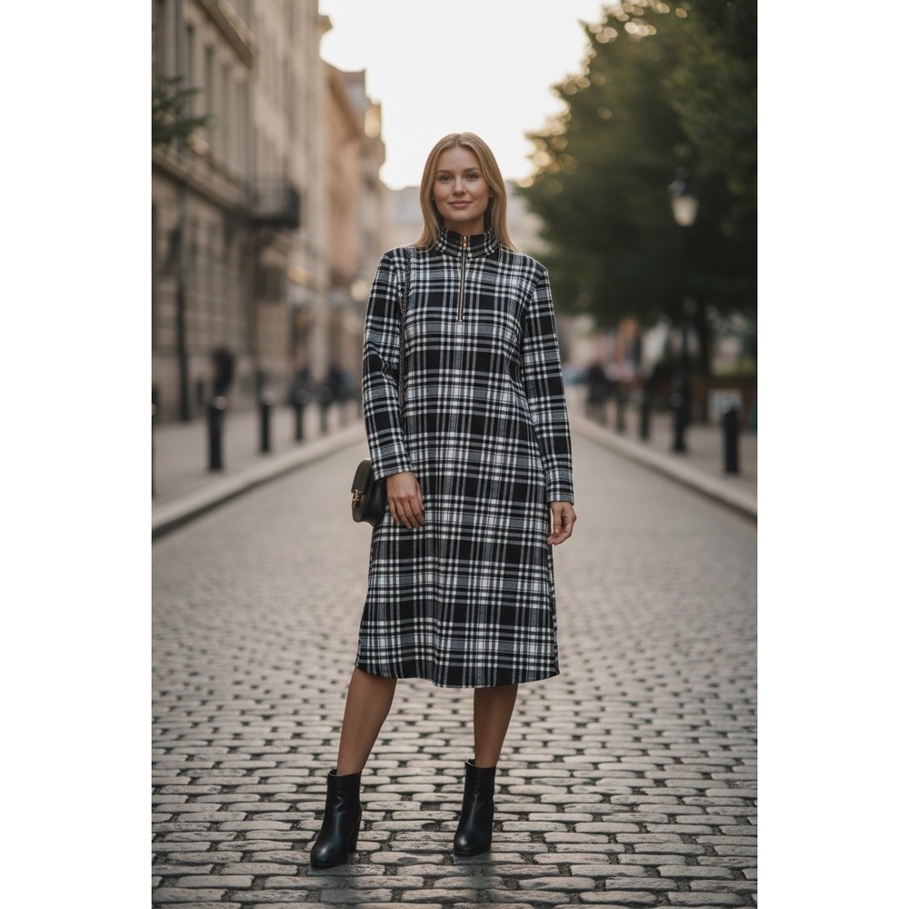 Talbots Black‎ White Plaid Quarter Zip Shift Dress Long Sleeve NWT Sz M PETITE
